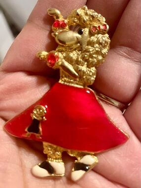 Vintage Gold-Tone Poodle Brooch with Red Enamel Skirt